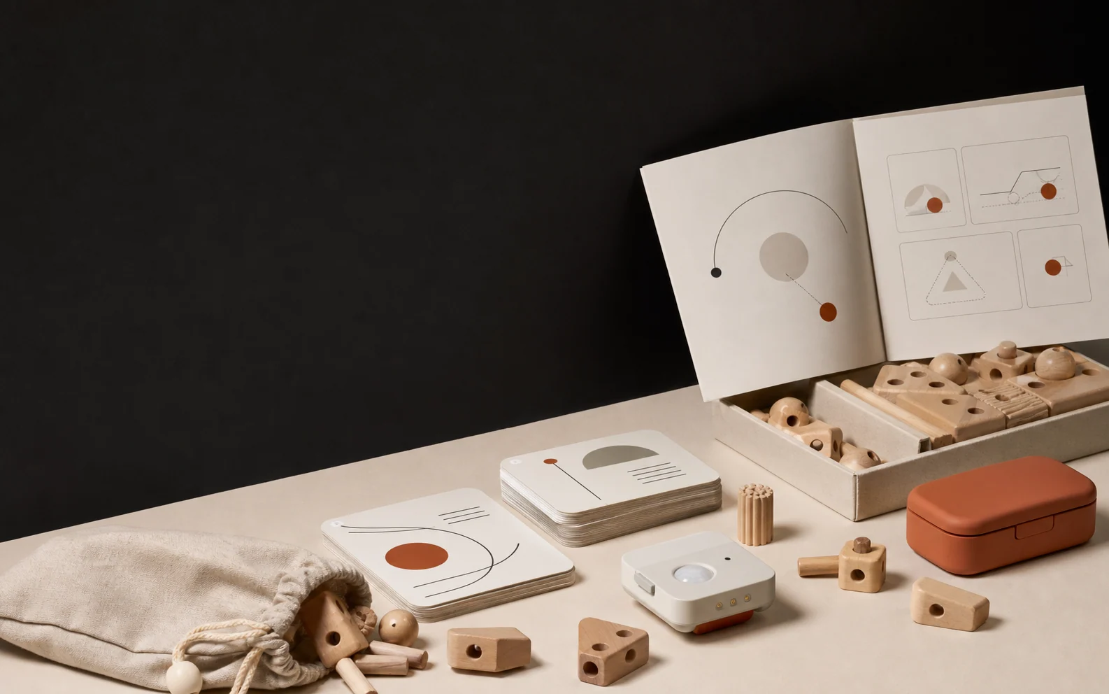 Concept still life of unbranded education activity materials and product prototypes