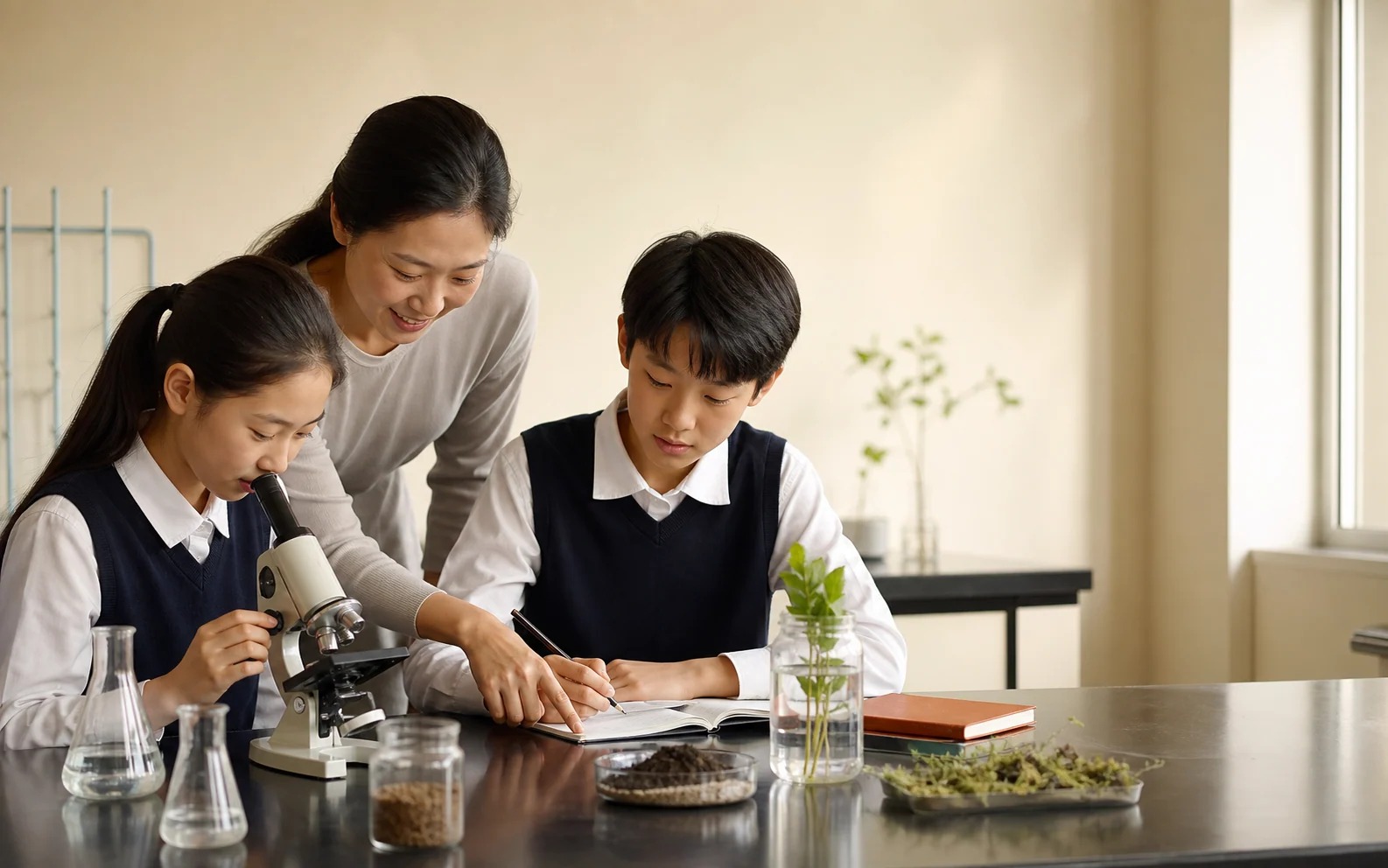 Concept science-literacy classroom with students observing samples and recording with an educator